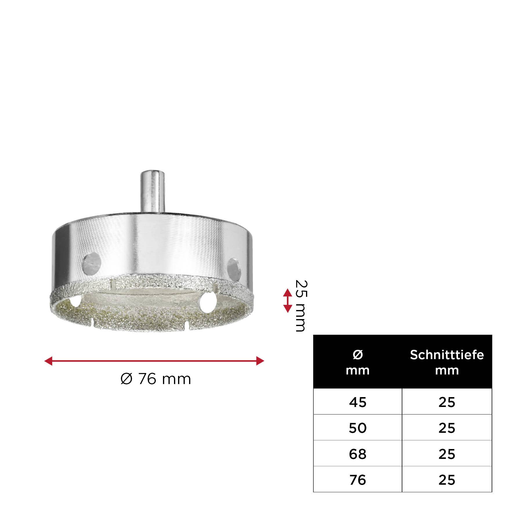 Metal drill crown with 76 mm diameter and 25 mm cutting depth, alongside a table with three additional size options from Ø 45 mm to Ø 76 mm.
