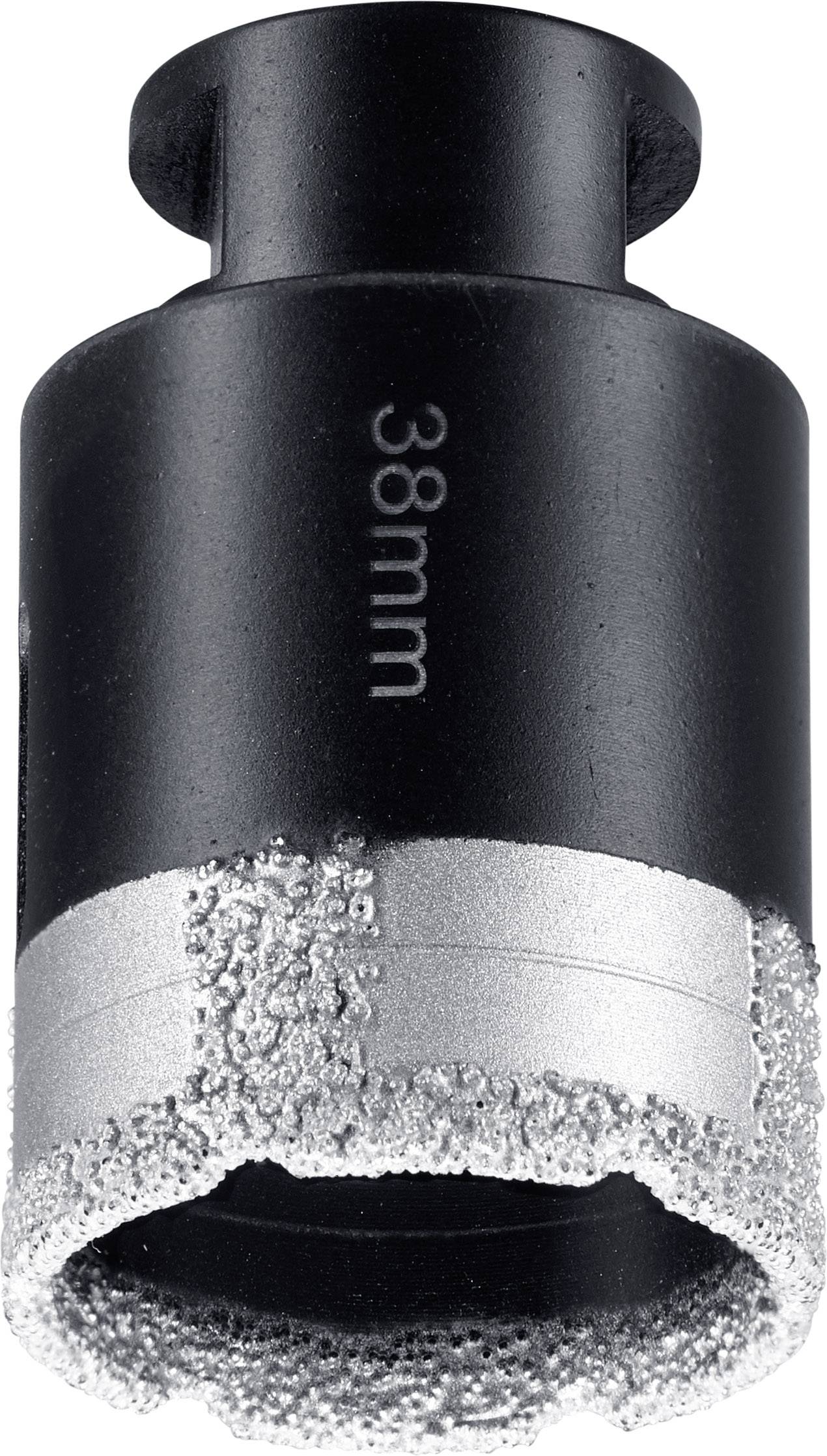 Black diamond drill crown with silver tip, 38 mm diameter, for precise drilling in hard materials.