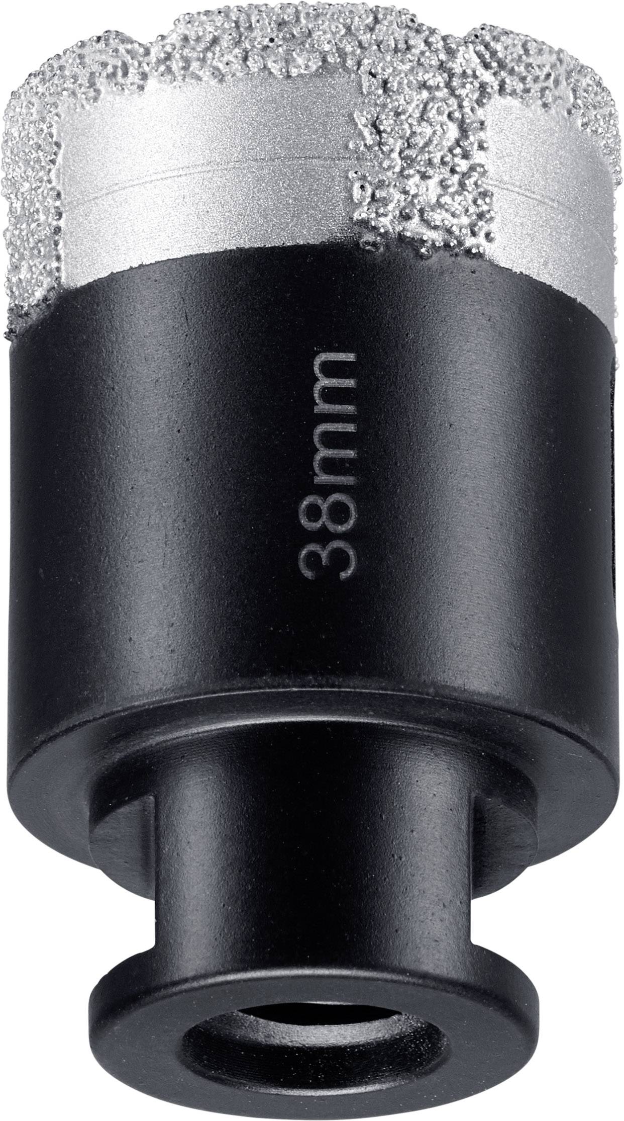 A black drill bit with a silver, rough tip and the inscription '38 mm'.