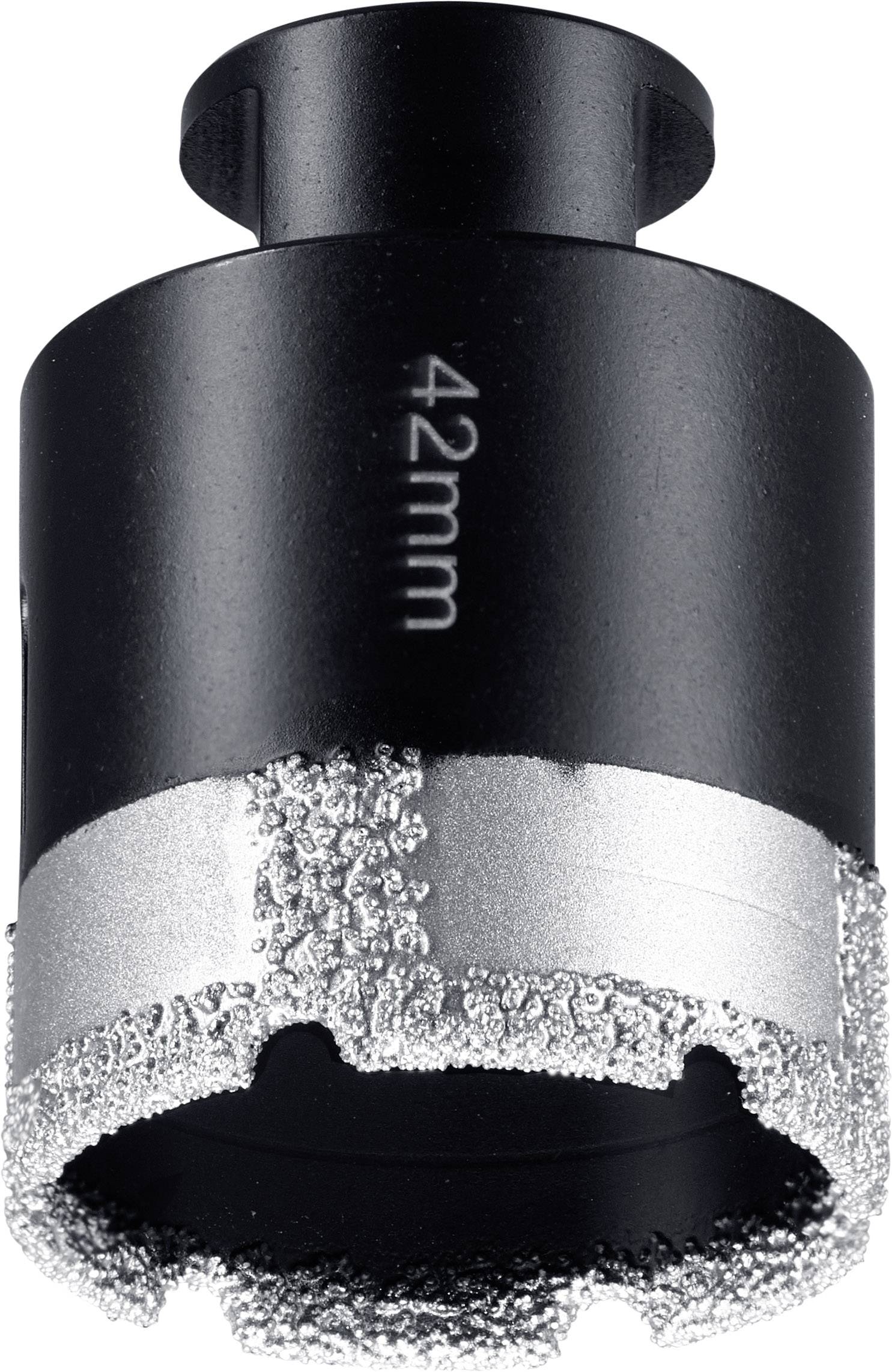 A black metal diamond-coated drill crown with the inscription "42mm". Used for precise drilling in hard materials.
