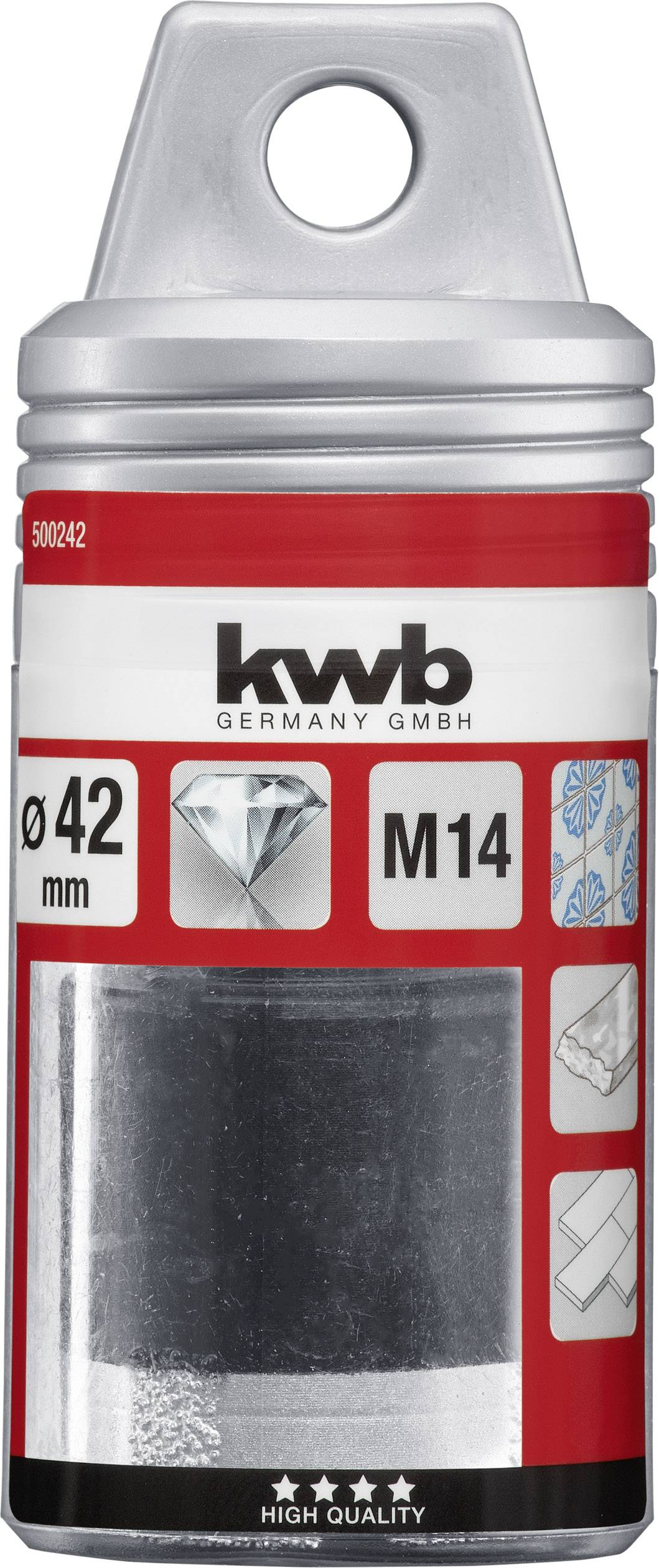 Drill packaging with 'KWB' printed on it. 42 mm diameter, M14. Shows diamond symbol and used for hard materials.