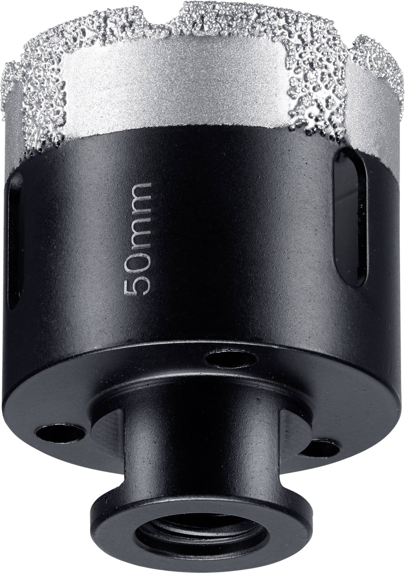 A black diamond-coated hole saw with '50 mm' written on the side, suitable for precise drilling into hard materials.