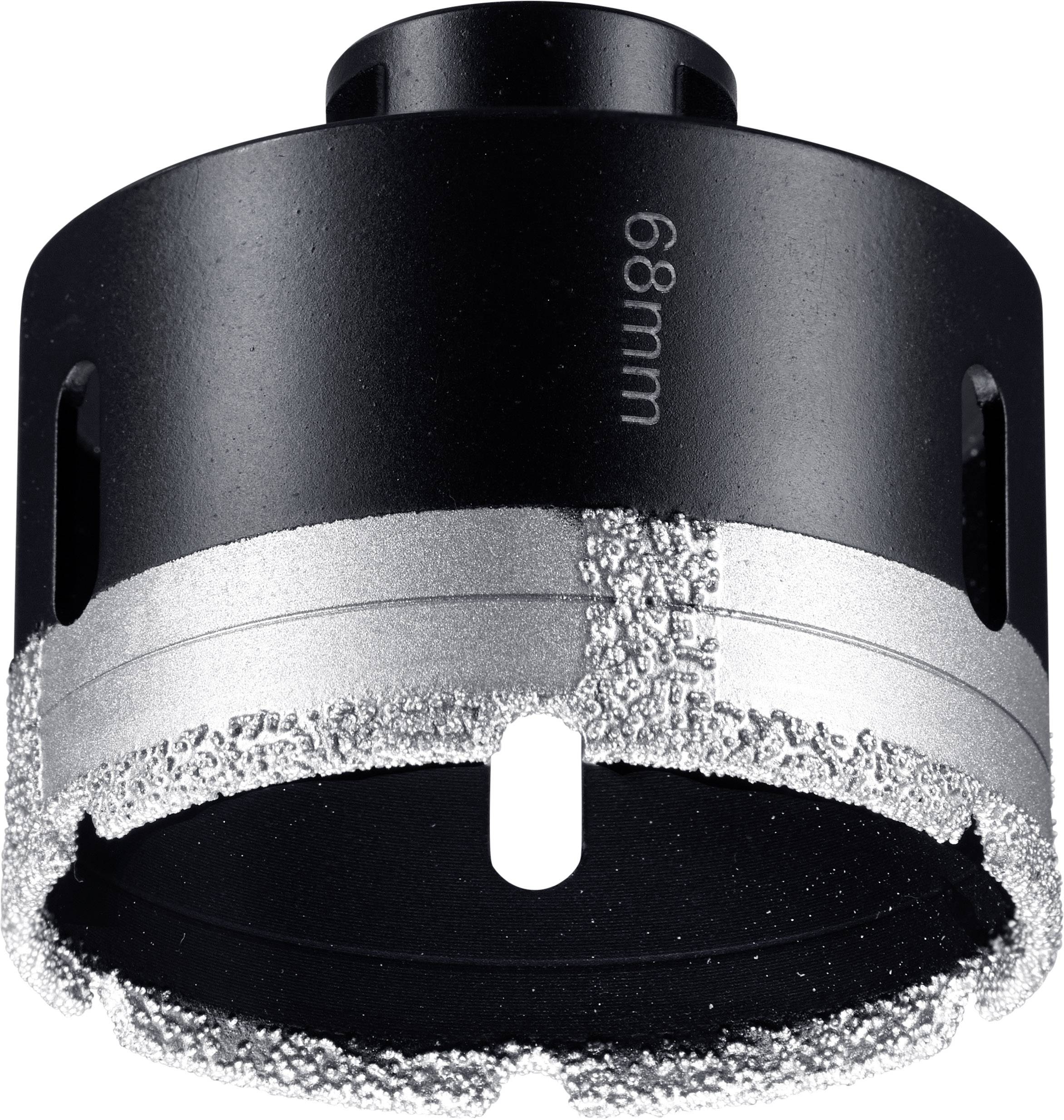 A black hole saw with a size of 68 mm, fitted with a grey, toothed cutting edge for drilling work.