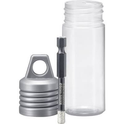 Clear plastic bottle with a grey screw lid beside a metal drill bit, suitable for storing tools.
