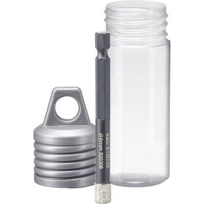 Metal drill bit with diamond-tipped point, 6 mm diameter, next to transparent plastic sleeve with lid.