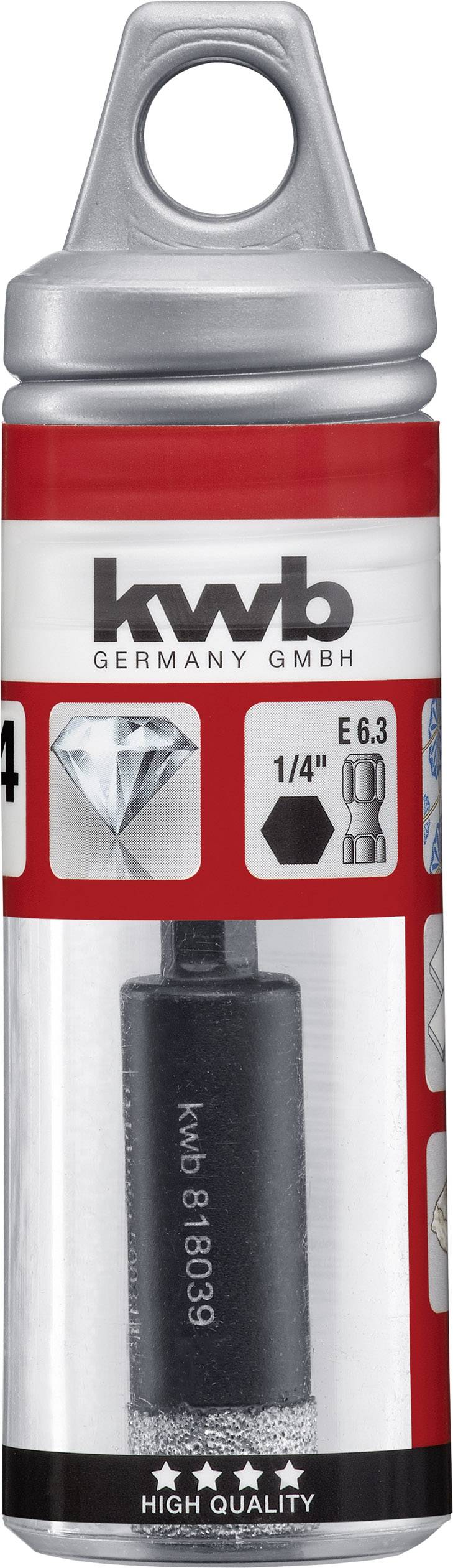 'kwb GERMANY GMBH' packaging with a black insert for power drills, equipped with an attachment and marking '1/4" E6.3'.