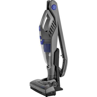 A grey, upright cordless vacuum cleaner with a blue accent and transparent dust container.