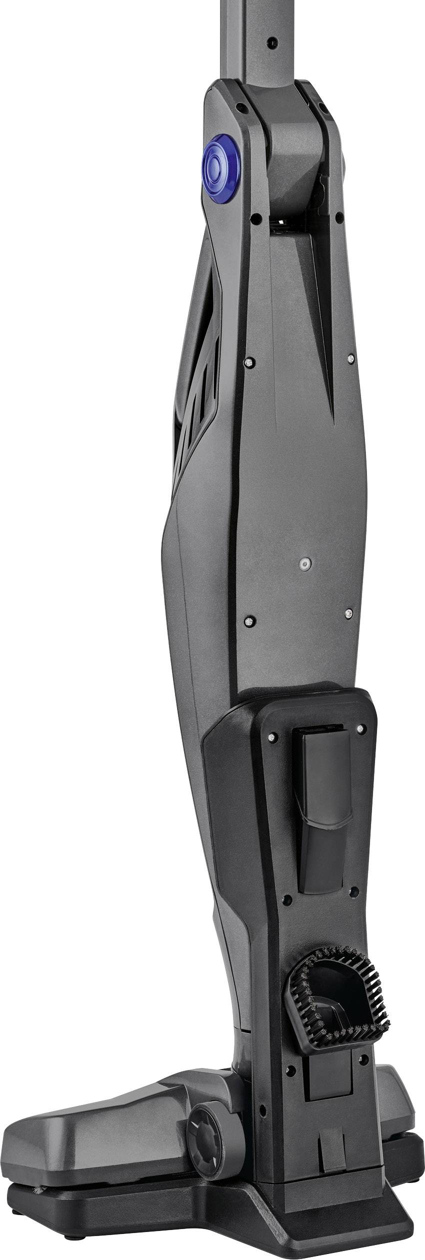 A black, upright vacuum cleaner with a slim design and detachable brush attachment on a white background.