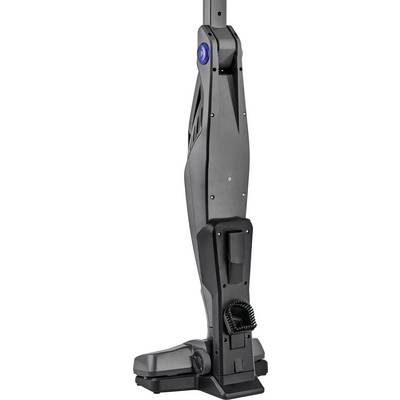 A black, upright vacuum cleaner with a slim design and detachable brush attachment on a white background.