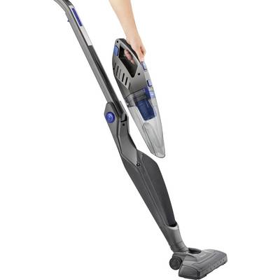 A black, cordless vacuum cleaner with a removable handheld vacuum in a blue accent colour. One hand is holding the detachable part.