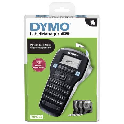 'DYMO LabelManager 160' packaging with an image of a portable label printer and three label cassettes, 70% economical.