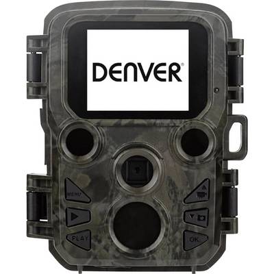 Wildlife camera in camouflage design with display and control elements. Brand name 'DENVER' visible on the screen.