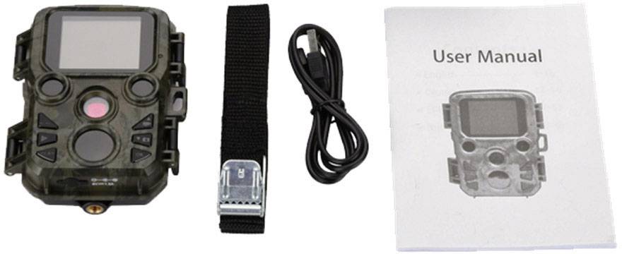 A wildlife camera with user manual, mounting strap and USB cable. The manual shows the camera on the front cover.