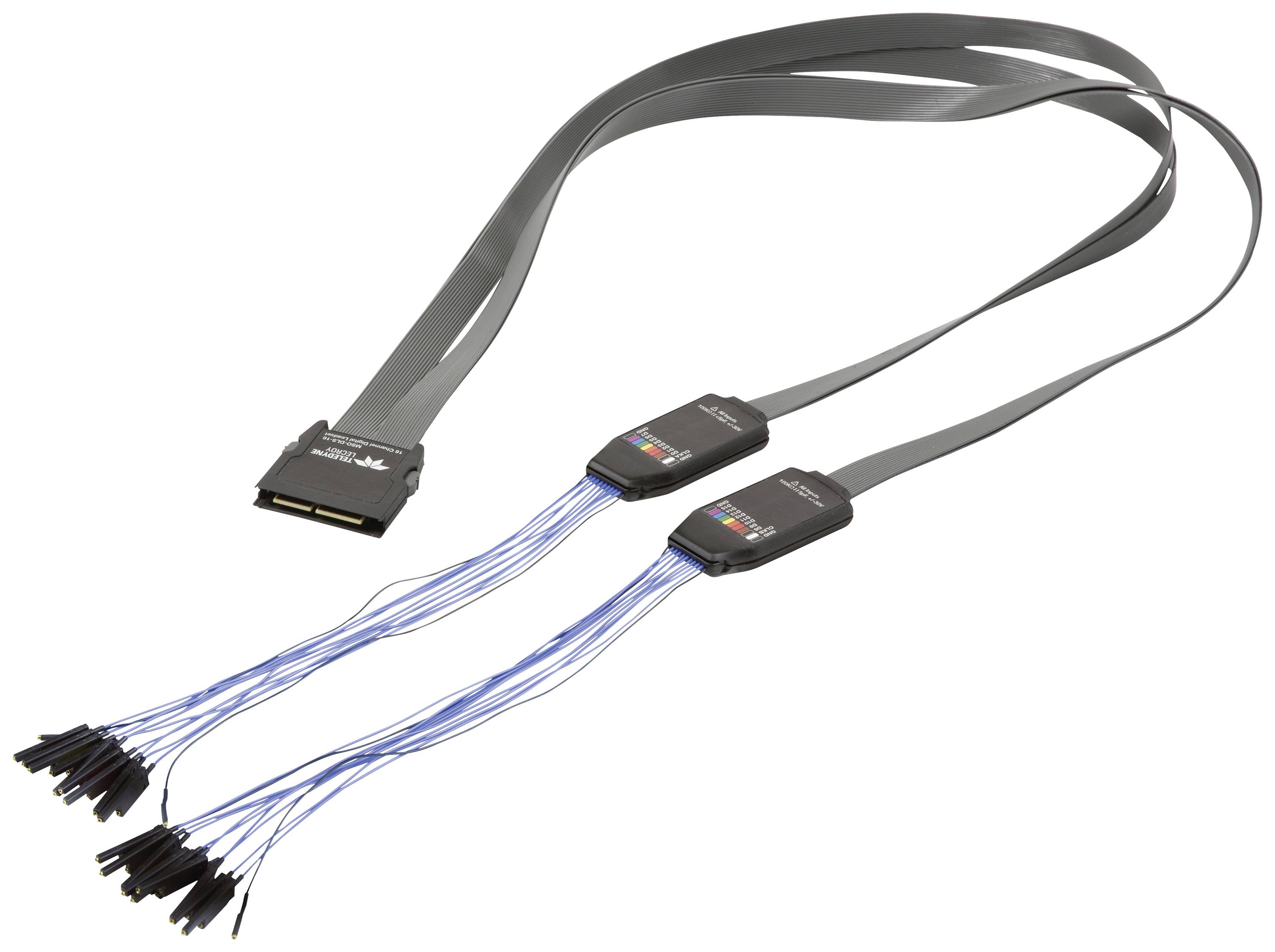 A Saleae logic analyser with flexible cables and clips, ideal for debugging and testing electronic circuits.