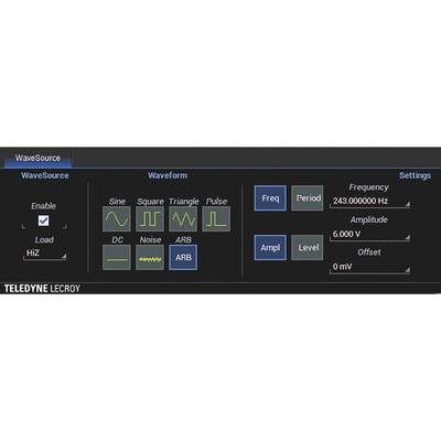 'WaveSource' control panel of an oscilloscope shows frequency of 243.000000 Hz and amplitude of 6.000 V. Selection of waveform types and settings.