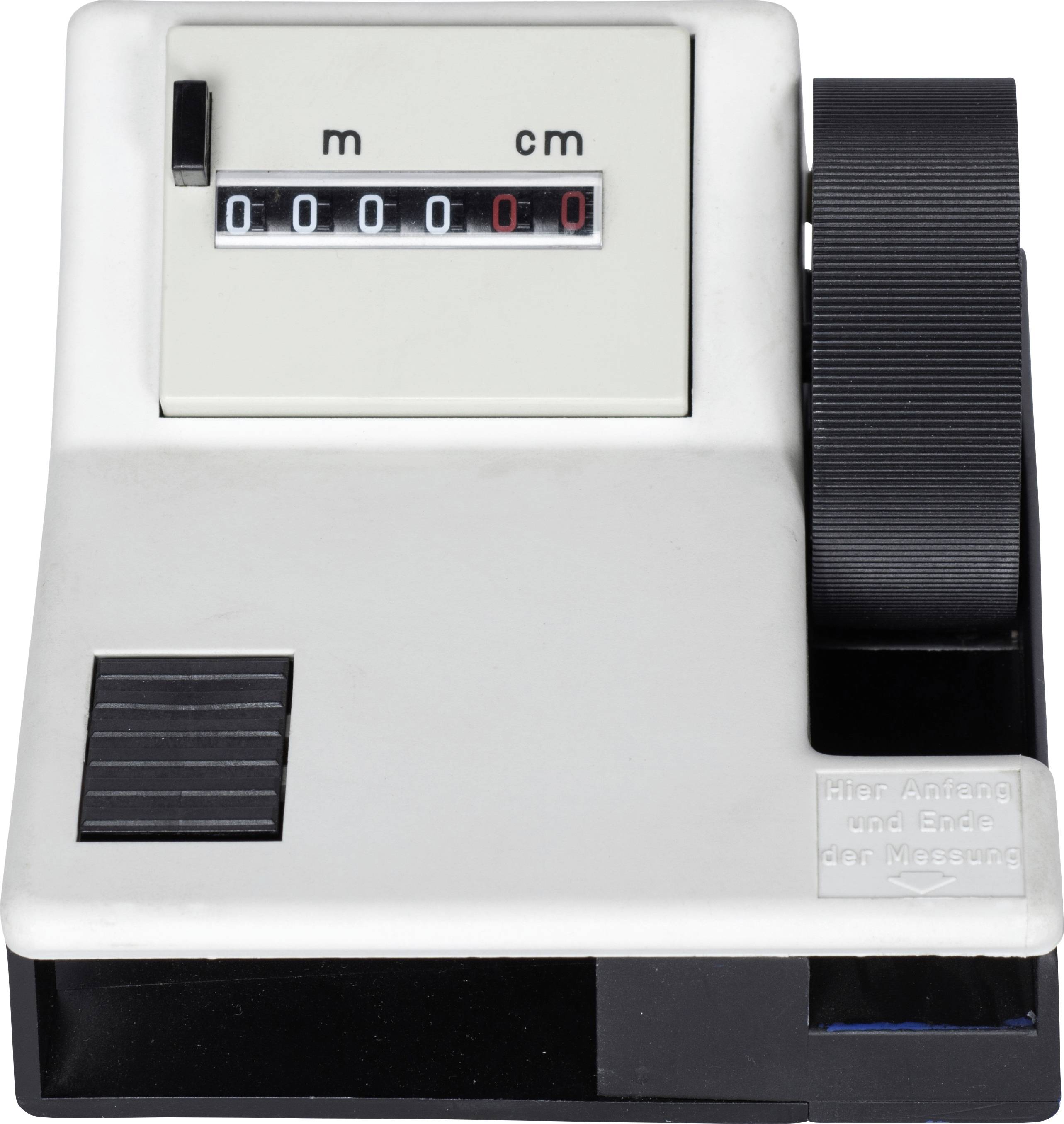 Old mechanical device for measuring length, with a counter showing metres and centimetres.
