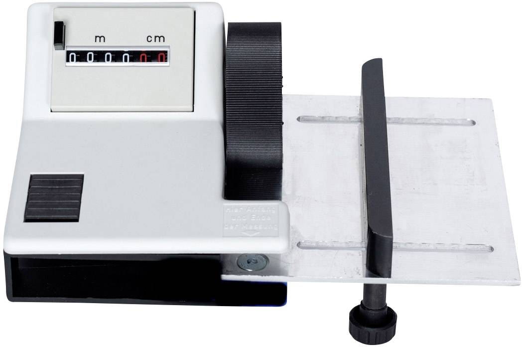 A mechanical length measuring device with a counter unit and scale in centimetres and metres, for measuring material lengths.