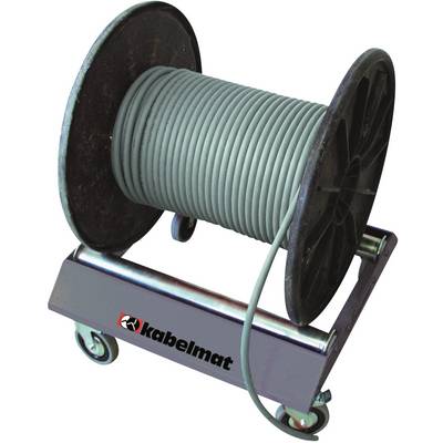 A cable drum on a trolley with a blue cable, supplied by 'kabelmat'. Suitable for industrial applications.
