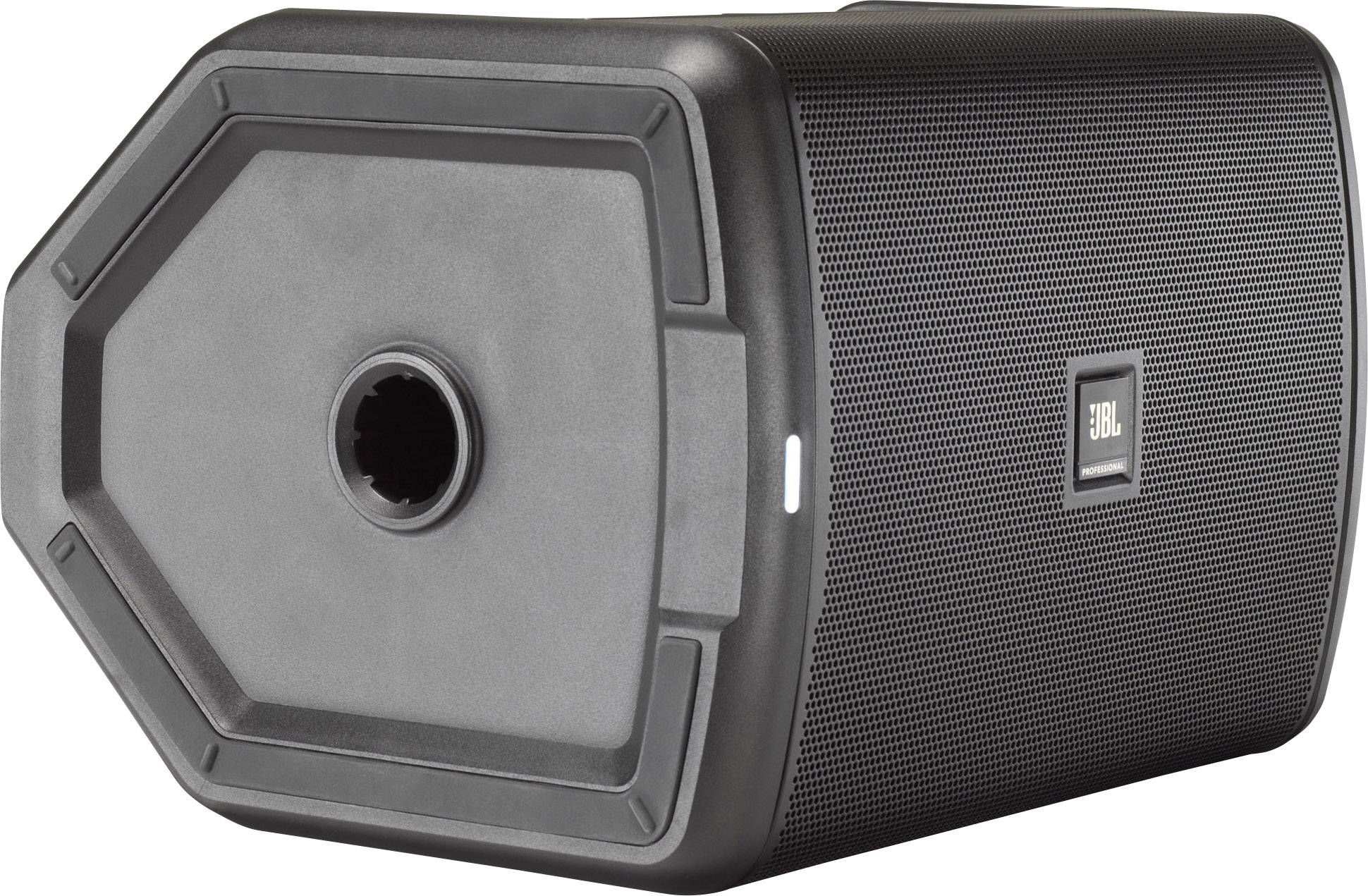A black, portable speaker with a hexagonal design lies on its side. A logo is present on the surface.
