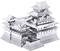 Silver miniature model of a Japanese castle with detailed roofs and tower structures on an elevated base.