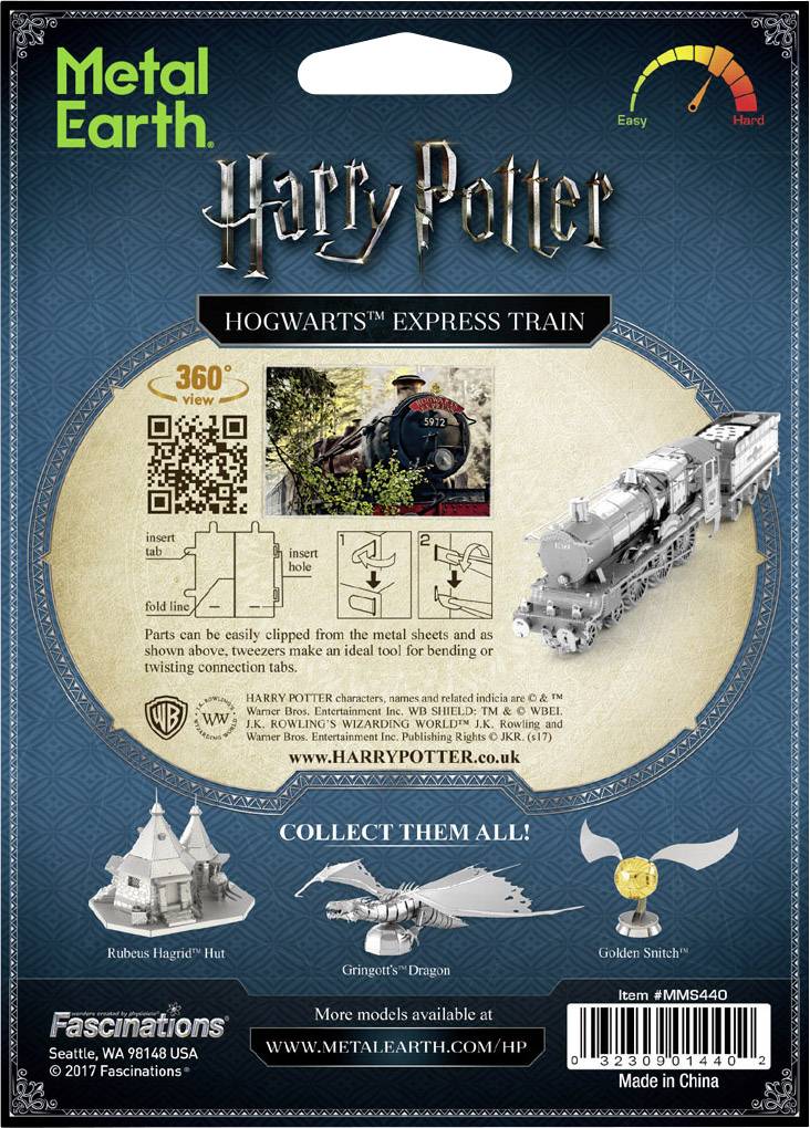 Package back of a Metal Earth Hogwarts Express model. Top left a logo, below assembly instructions and images of the model. Top right difficulty rating scale. Bottom images of additional models.