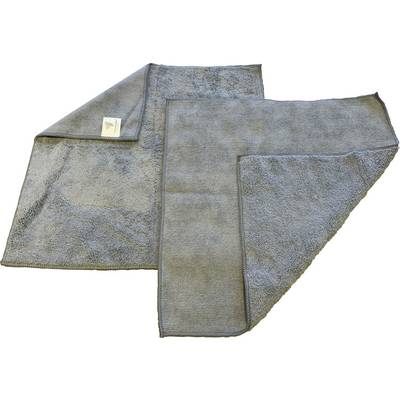 Grey towel with a label in the corner, spread out on a light background. The towel appears fluffy and double-layered.
