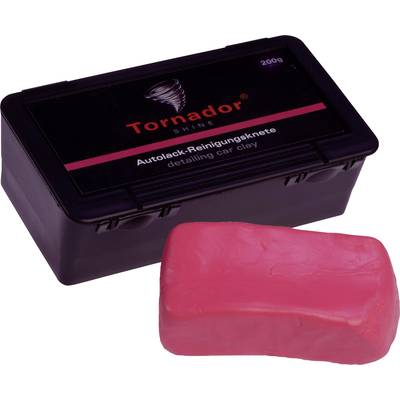Black box with red lettering 'Tornador Shine Car Paint Cleaning Clay'. Alongside it, a red clay block for car paint care.