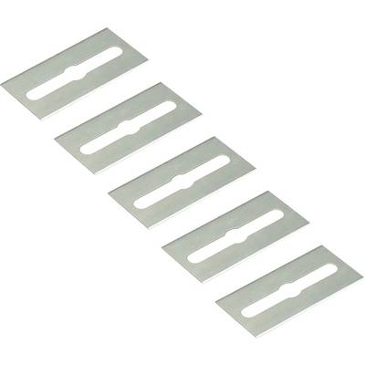Five razor blades lined up in a row on a white background.