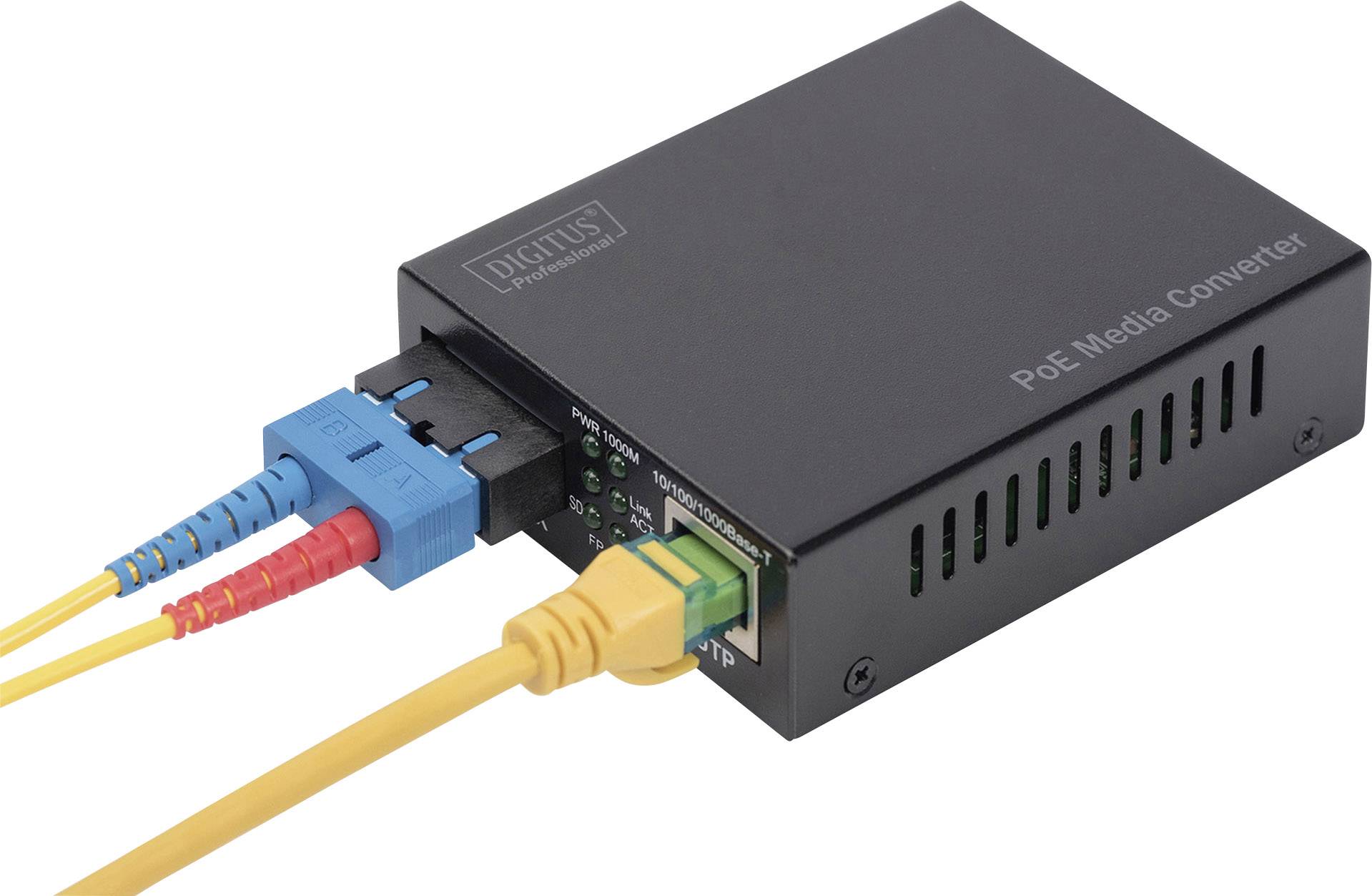 Media converter with PoE support, with blue and yellow cables connected.
