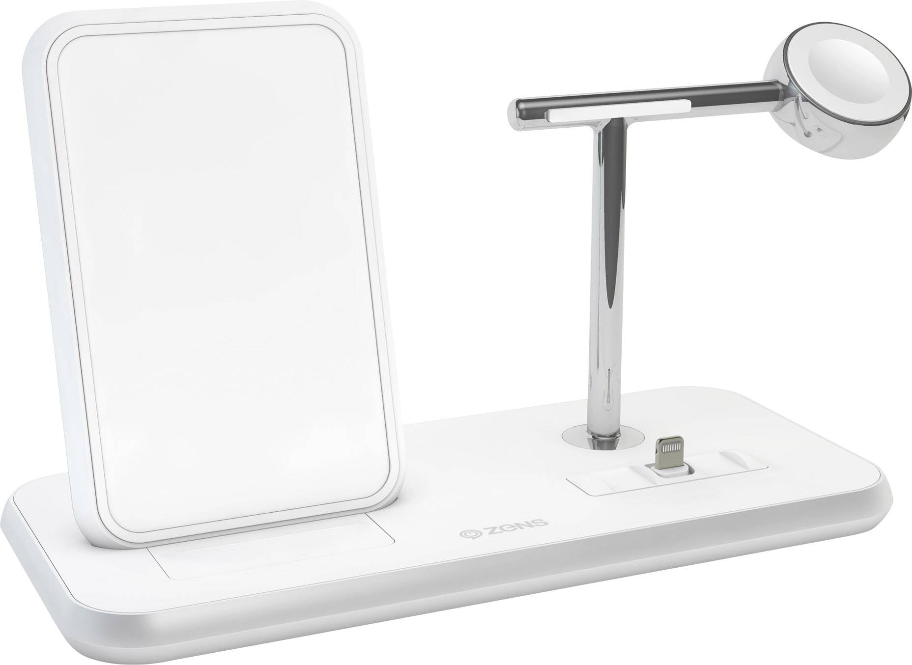 ZENS Wireless charger 2000 mA Stand +Apple-Watch +Dock ZEDC07W Outputs Inductive charging standard, USB, Apple Dock lightning plug White