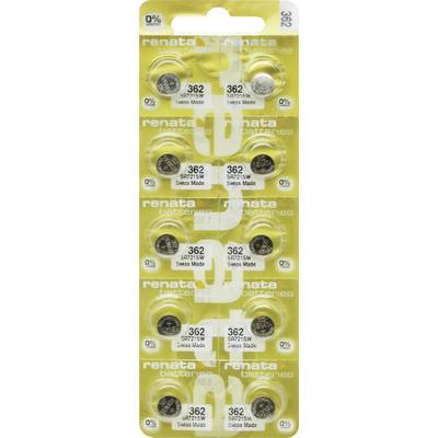 'Renata Batteries Type 362, Swiss Made, SPZ 1.55 V' on yellow blister packaging, shows ten button cells in two rows.