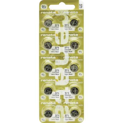 A blister pack containing 10 button cell batteries by Renata. Each battery is labelled as type '371'. Made in Switzerland.