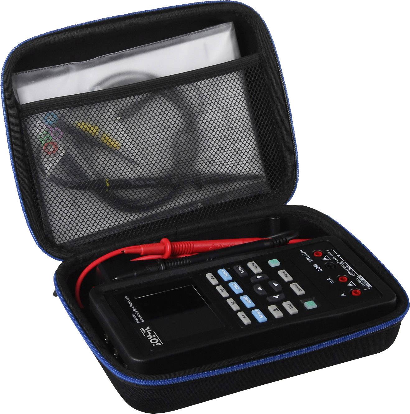 A portable digital multimeter in a black protective case with a grey mesh pocket containing cables and test probes.