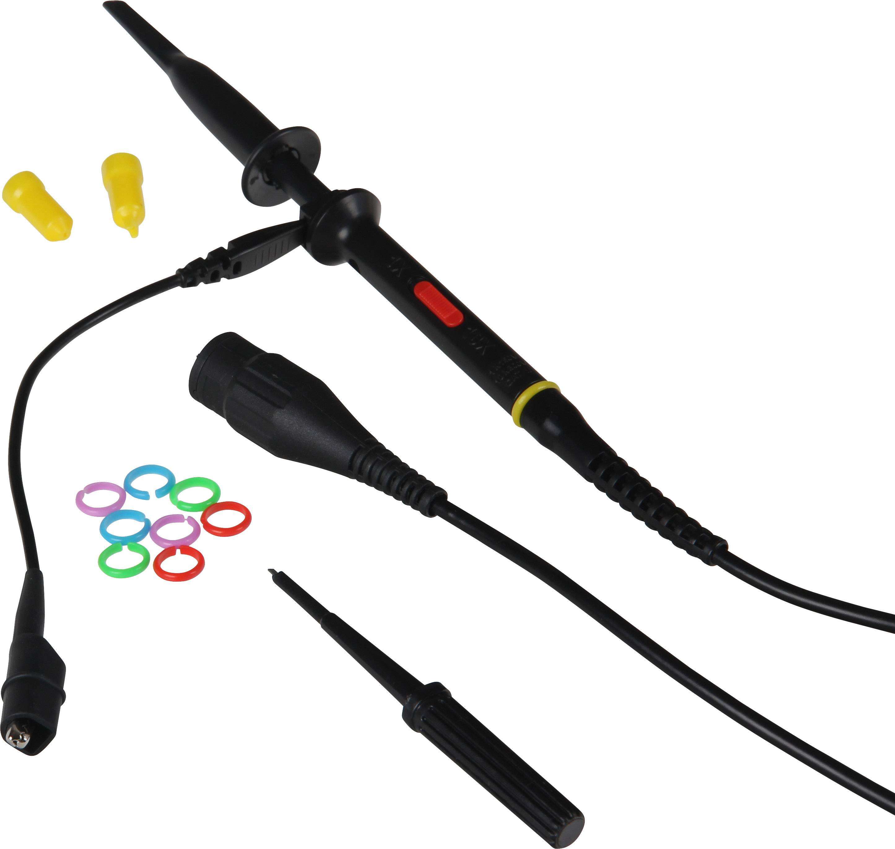 A black oscilloscope probe with various coloured rings and two yellow protective caps, suitable for electrical measurements.