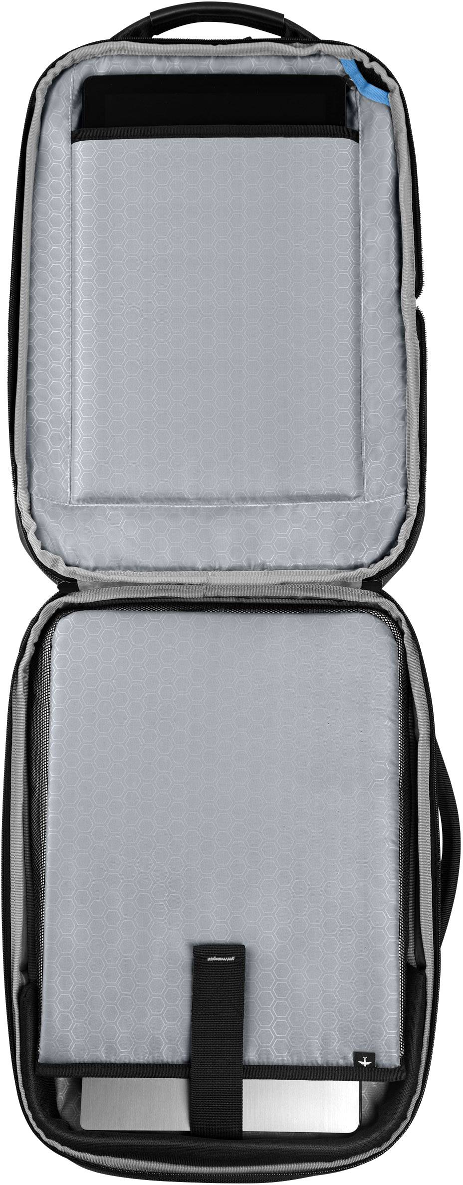 Open grey laptop bag with a laptop compartment at the top and an additional compartment below, both secured with Velcro fasteners.