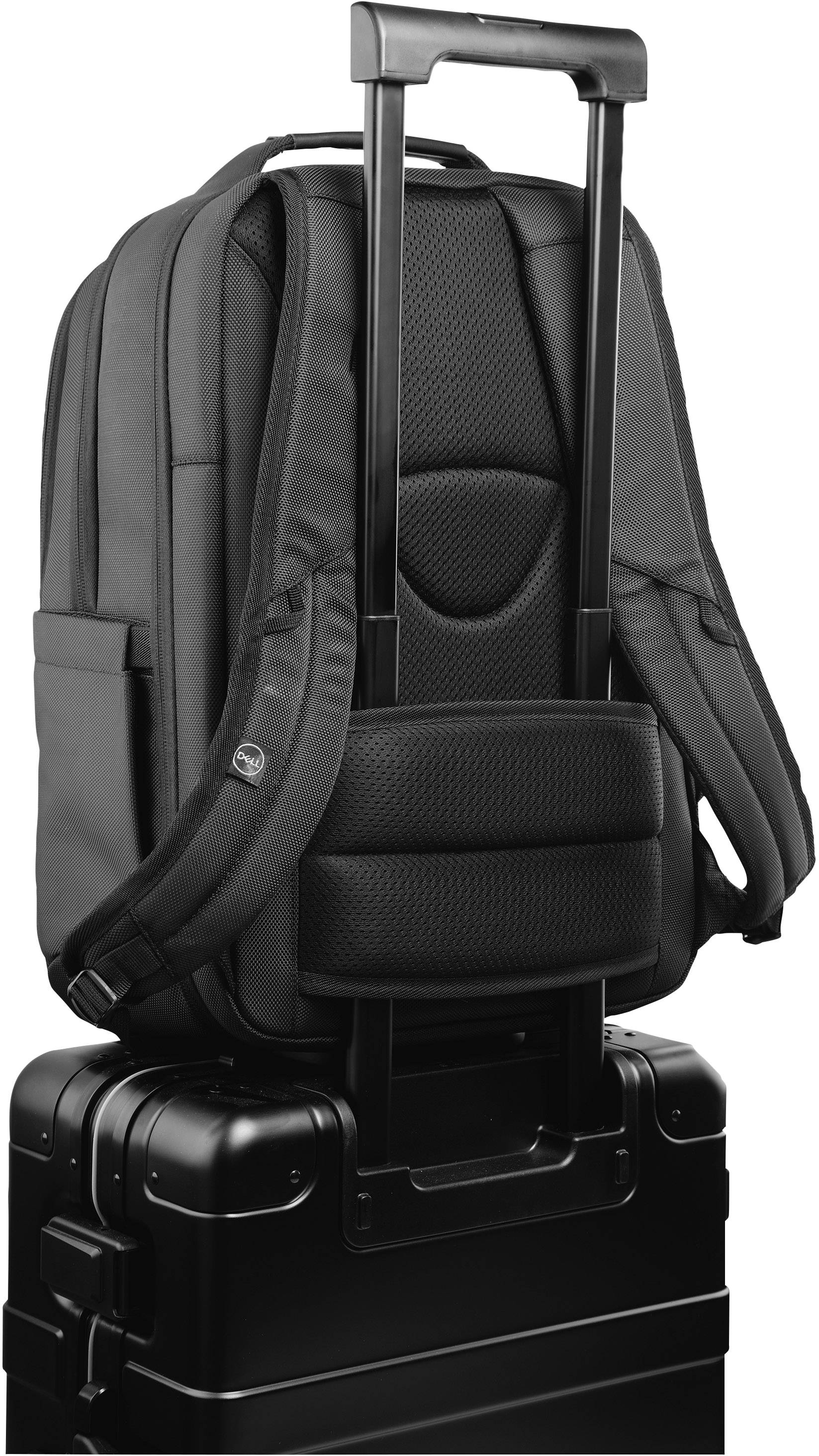 'A black rucksack is securely attached to a black wheeled suitcase with its handle extended.'