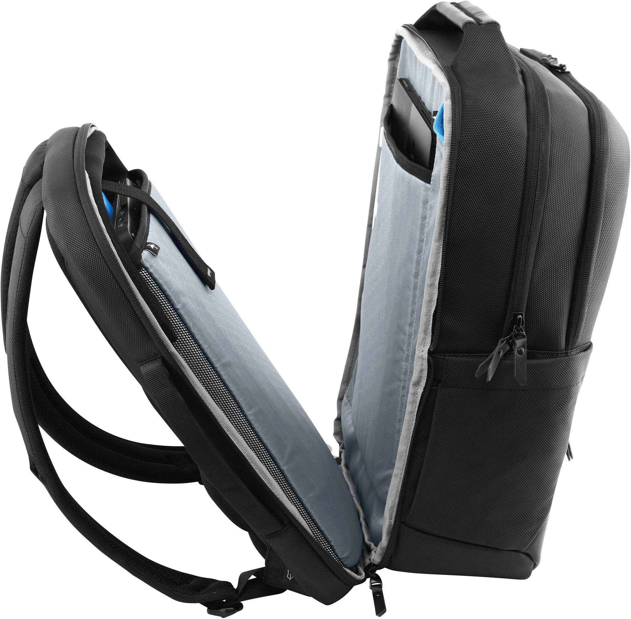 An opened black rucksack reveals a well-padded interior with multiple compartments for a laptop and pens.