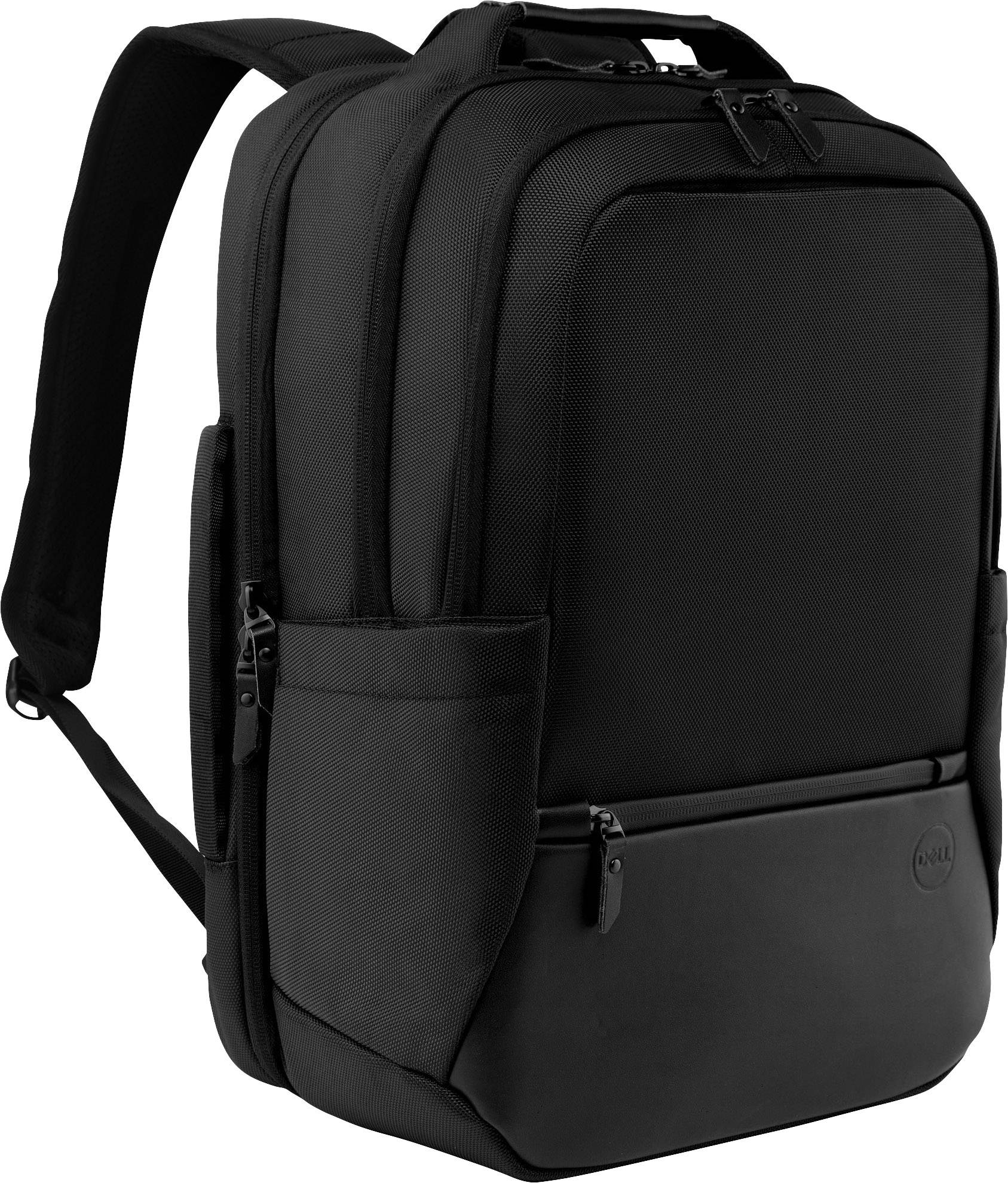 Black laptop backpack with multiple zip compartments and padded shoulder straps, suitable for daily use.