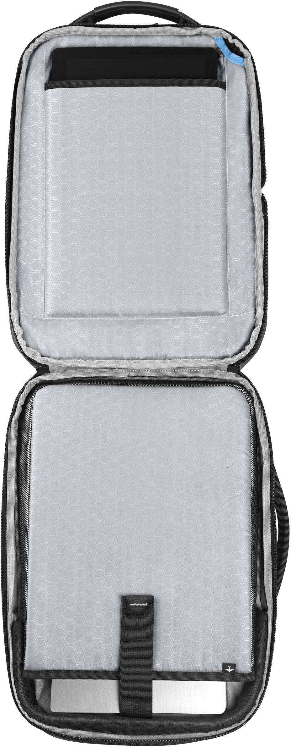 An open rucksack with two compartments. A laptop is stowed in the upper compartment, with space for additional accessories in the lower section.