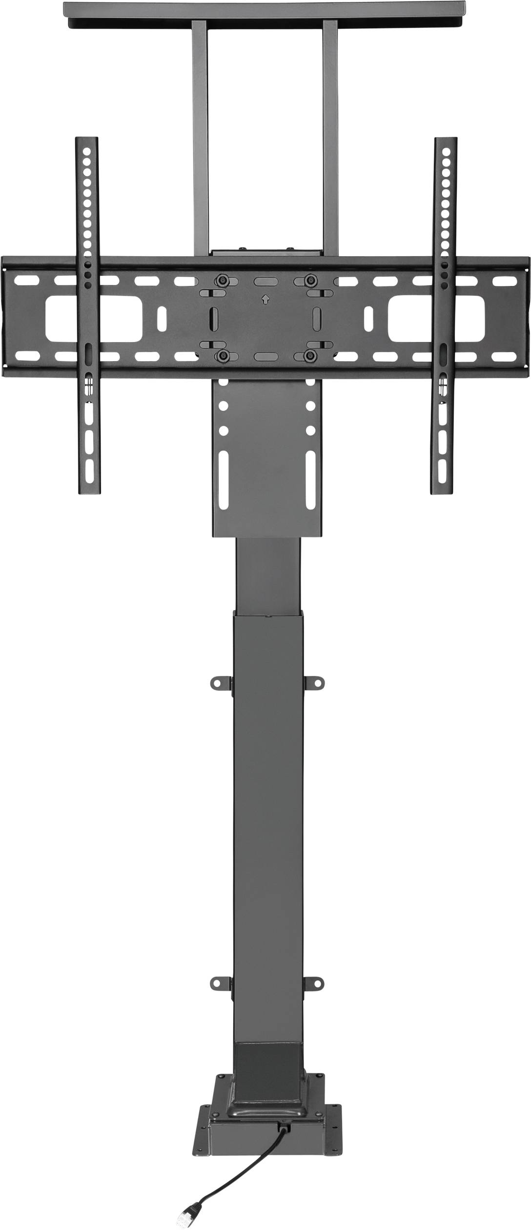 TV wall mount in black, height-adjustable, with mounting plate and cable management near the base. Suitable for flat screens.