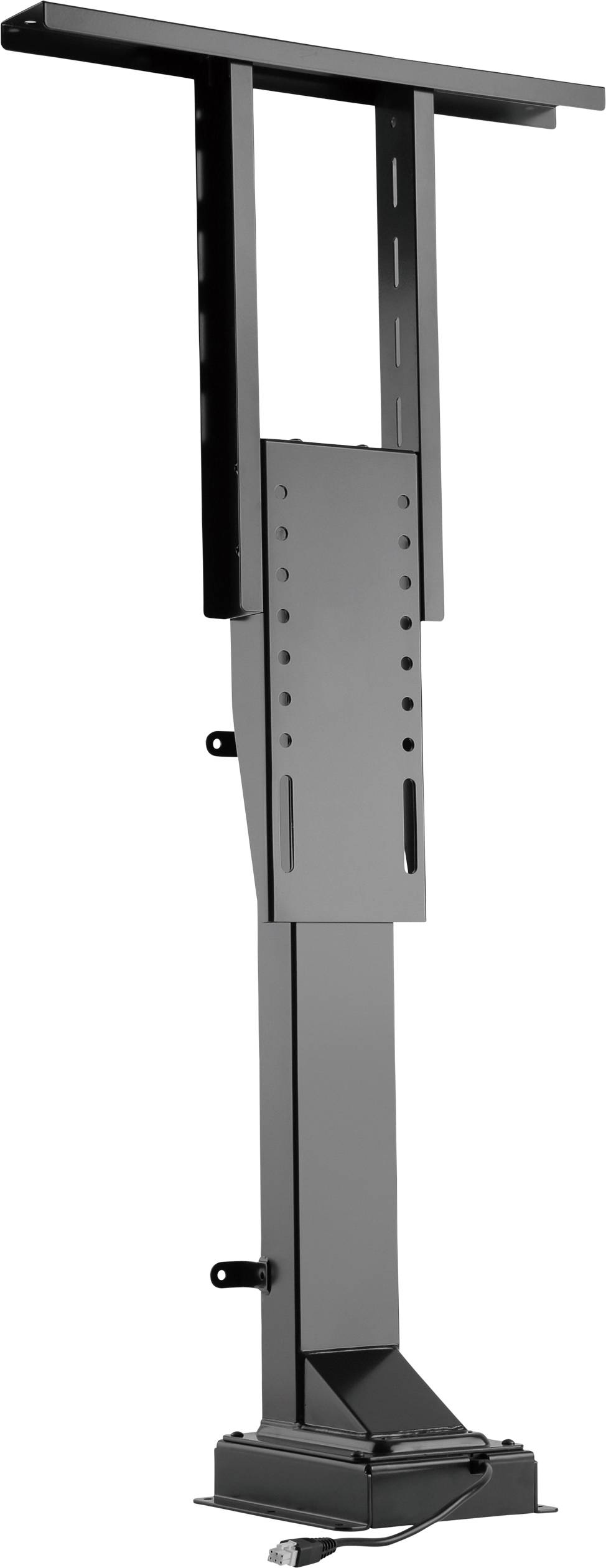 Height-adjustable, black metal mounting bracket, likely for furniture or screens, with multiple mounting points and cable connection.