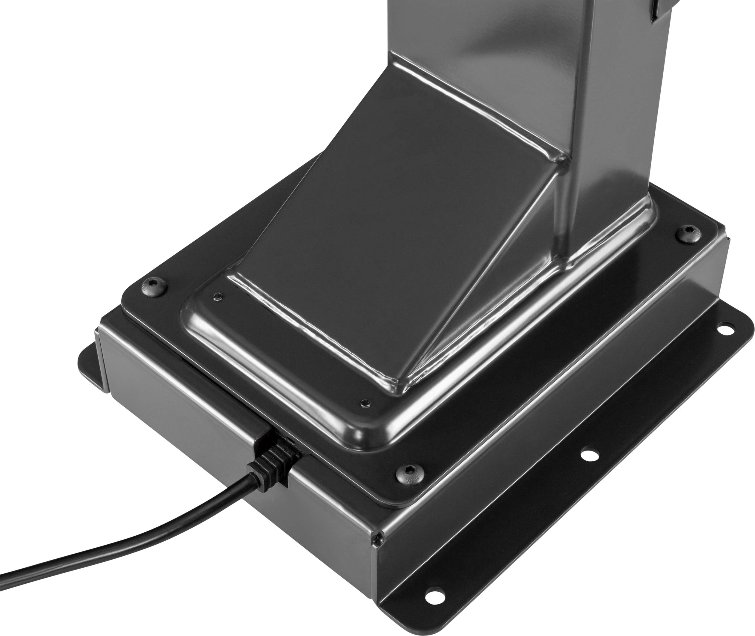 A black metal stand with a rectangular base, with a cable connected to it.