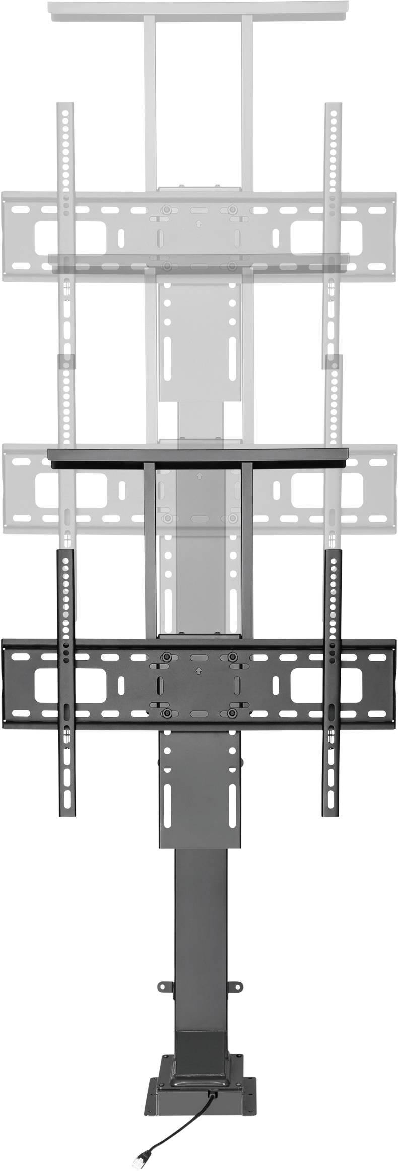 Adjustable TV mount, showing multiple height options from low (black) to high (grey), ideal for flexible TV positioning.
