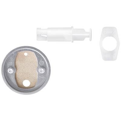 Round metal and plastic parts with holes and recesses. On the left, metal end with felt. On the right, white pen at the top, plastic ring at the bottom.