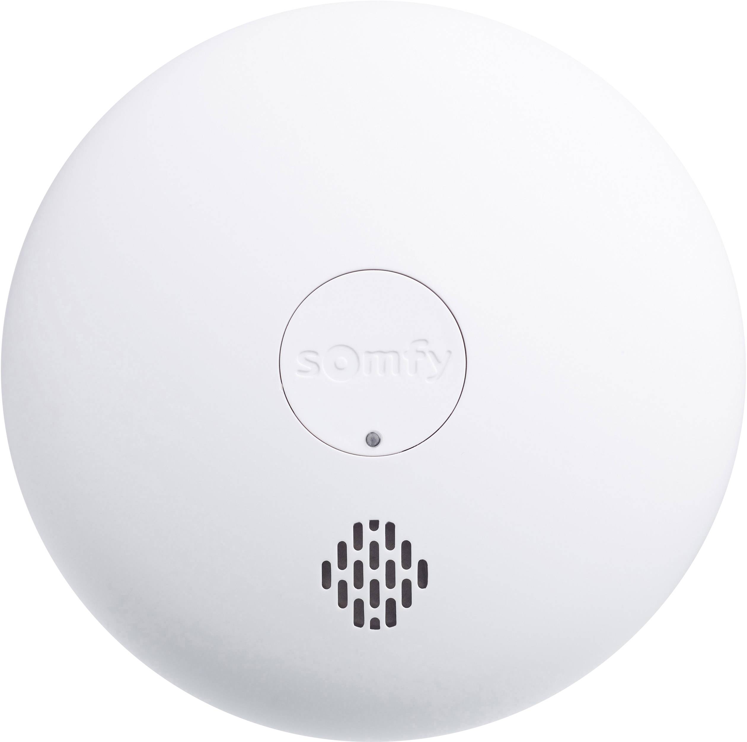 A round, white smoke detector with a small sensor in the centre and a speaker grille underneath.
