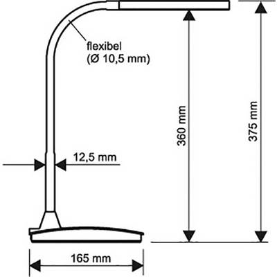 Diagram of an Adjustable Lamp with Dimensions. Flexible Arm: Diameter 10.5 mm, Height 360 mm. Total Height: 375 mm, Base Width: 165 mm, Arm Thickness: 12.5 mm.