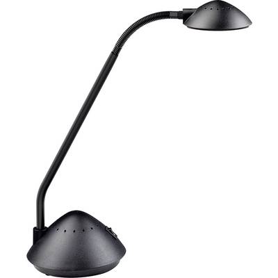 Black, curved desk lamp with a flexible neck, suitable for focused reading or working at a table.