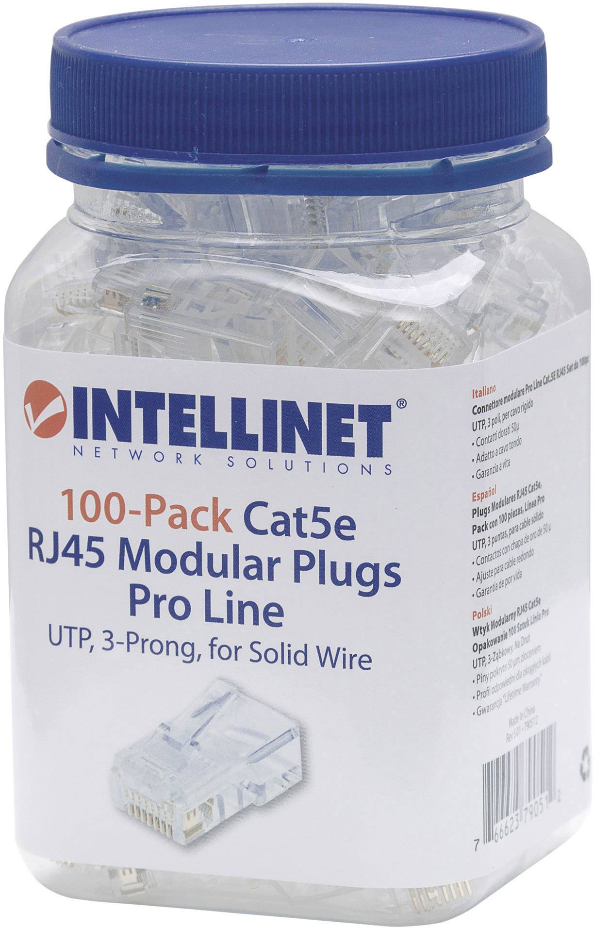 Plastic container labelled 'INTELLINET', containing 100 RJ45 Cat5e modular plugs for solid wire, pictured with an example plug.