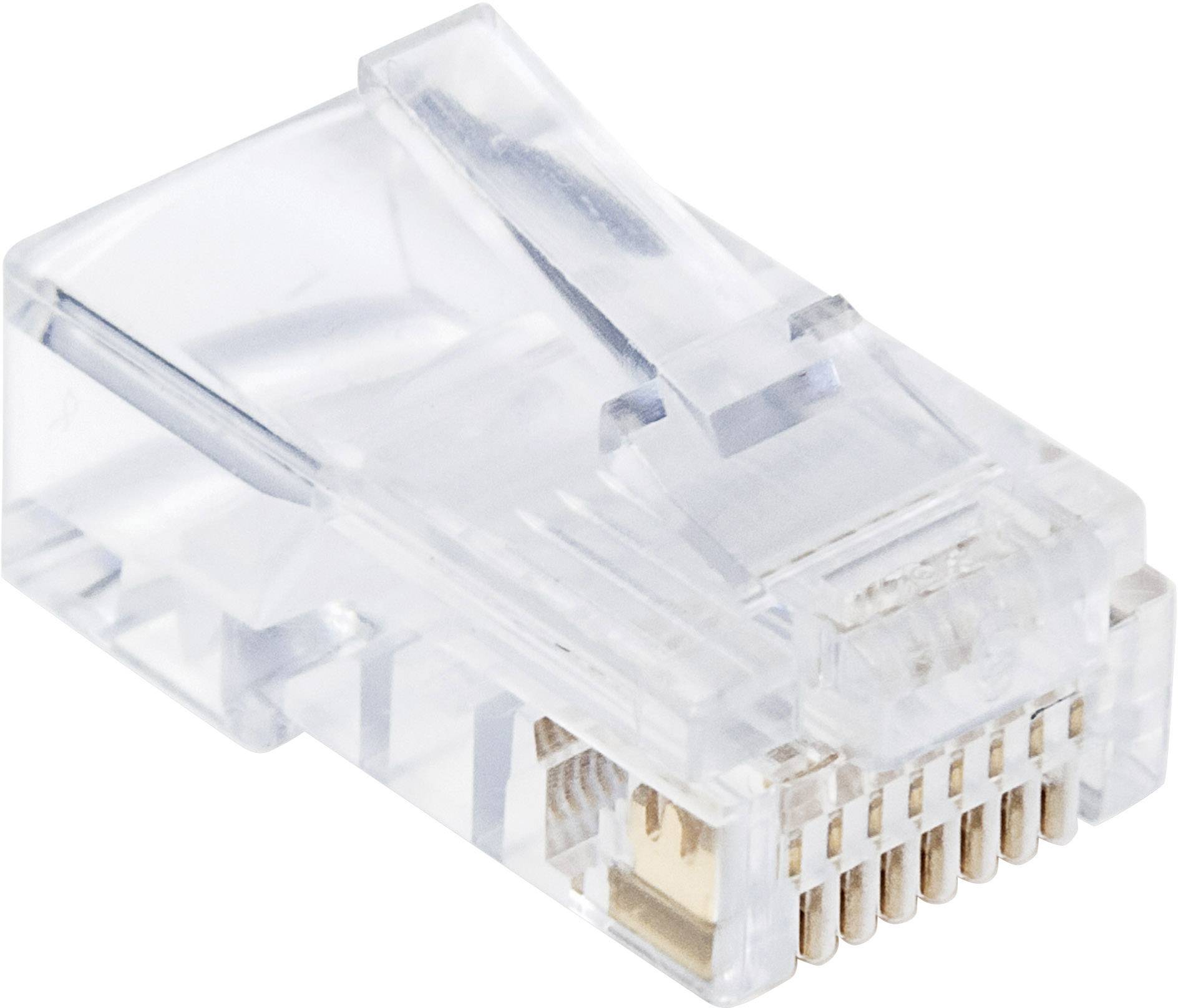 A transparent RJ45 plug, commonly used for Ethernet cable connections in networks, with visible metal contacts.