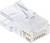 A transparent RJ45 plug, commonly used for Ethernet cable connections in networks, with visible metal contacts.